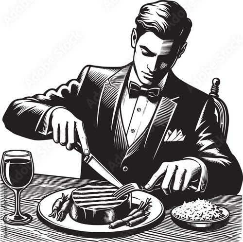 Monochrome drawing of a well-dressed man elegantly cuts into a s