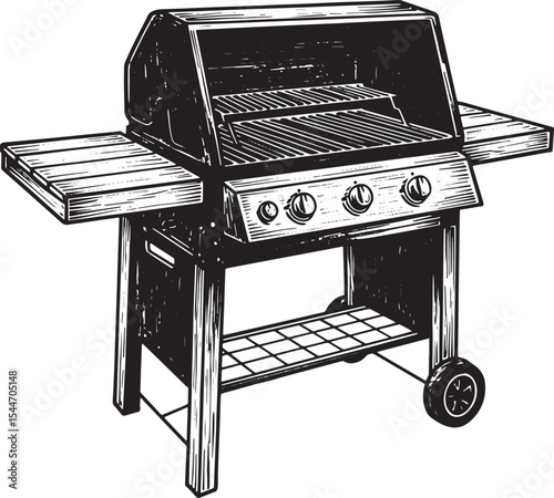 Detailed Black and White Illustration of a Barbecue Grill on a W
