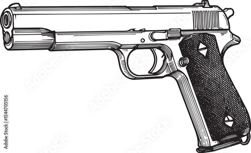 Detailed line art illustration of a vintage handgun with a white