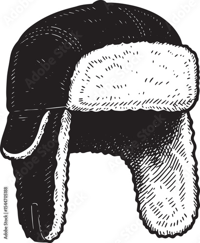 Detailed Black and White Illustration of a Winter Ushanka Hat on