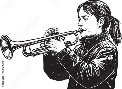 Black and White Illustration of a Young Person Playing a Trumpet
