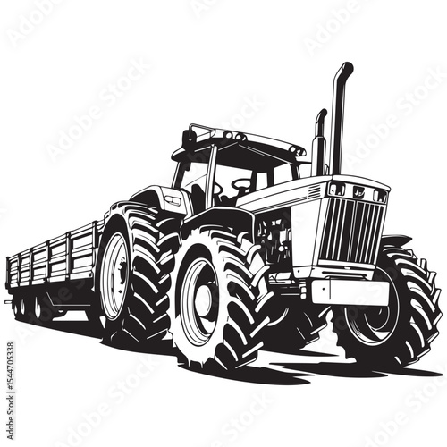 Powerful farm tractor with attached trailer