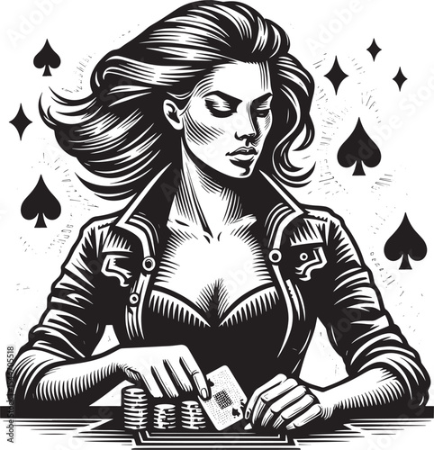Monochrome illustration of poker player with spades, stencil woo