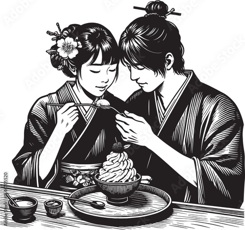 Elegant couple sharing traditional dessert in woodcut drawing, m