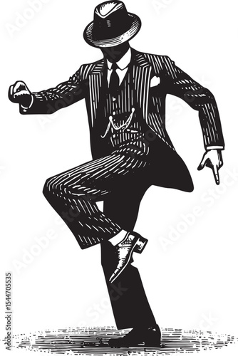 Vintage Charleston Dancer Illustration in Formal Suit and Hat Re