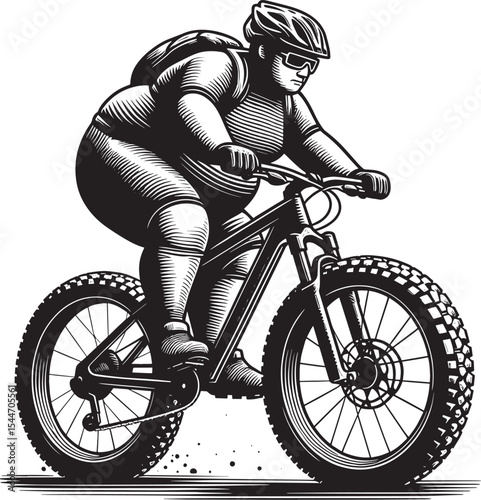 Monochrome woodcut illustration of a male fat biking athlete iso