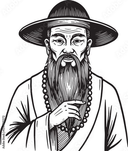 Ink illustration of a wise oriental man wearing a hat and tradit