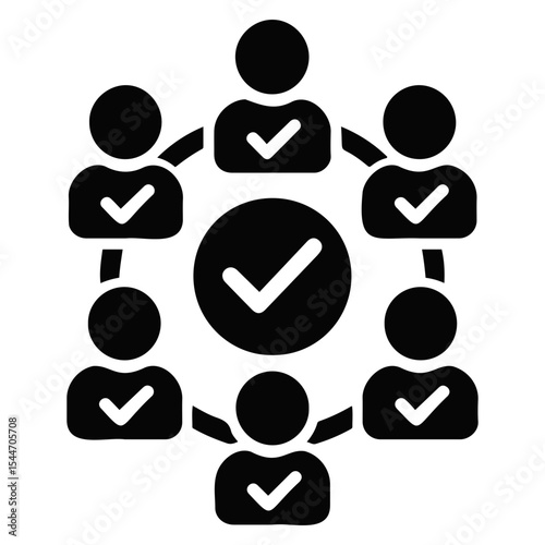 A black and white illustration of a group of people connected with check marks indicating approval on transparent background