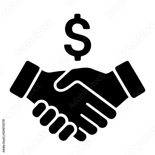 A black silhouette of two hands shaking with a dollar sign above them on a white background on transparent background