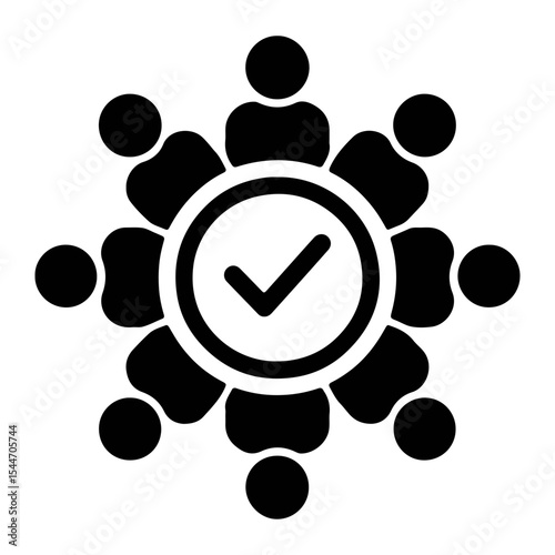 A group of people sitting around a table with a check mark in the center in black and white style on transparent background