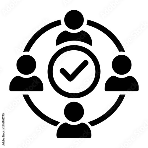 Four people connected in a circle around a checkmark in the center of the arrangement icon on transparent background