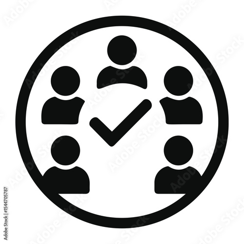 Black circle containing five people icons and a check mark in the center of the circle icon on transparent background photo