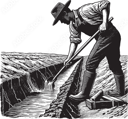 Drought mitigation illustration depicting a farmer digging irrig