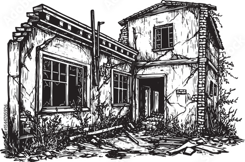 Detailed black and white illustration of a ruined, abandoned, an