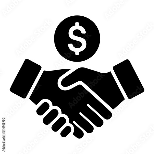 Image shows a black and white graphic of two hands shaking with a dollar sign coin above them on transparent background