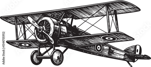 Detailed illustration of an antique biplane in flight isolated o