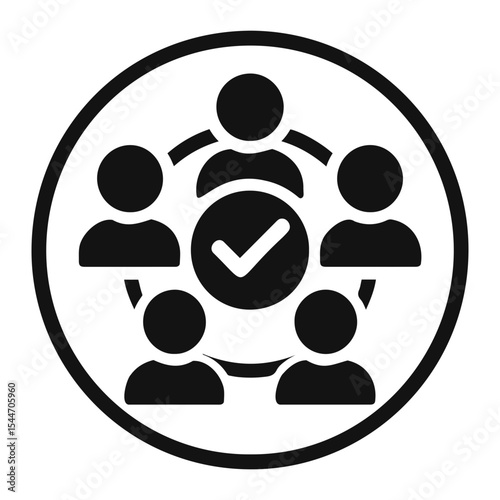 Teamwork circle with five people and a checkmark in the center indicating completed task or success on transparent background