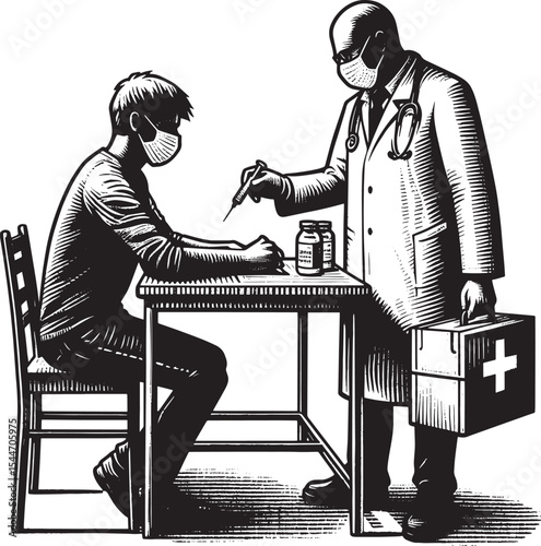 Monochrome illustration of a vaccination event with doctor and p
