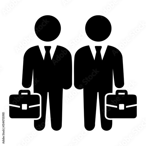 Two business people in suits with briefcases standing side by side in a black and white drawing on transparent background
