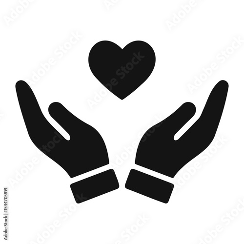 Two hands cupped upwards holding a heart shape floating above them in a black and white image on transparent background