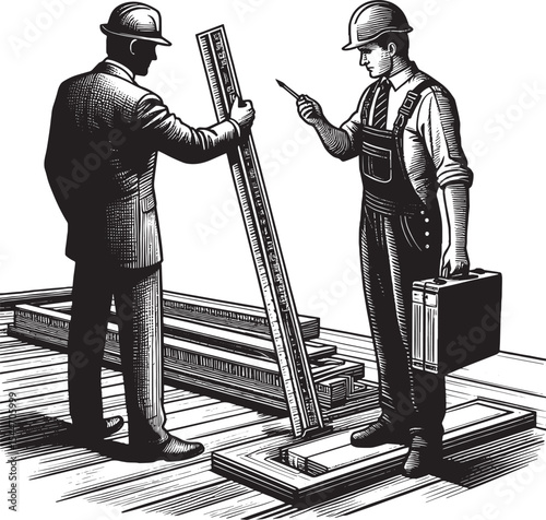 Engraved illustration of construction discussion with building e