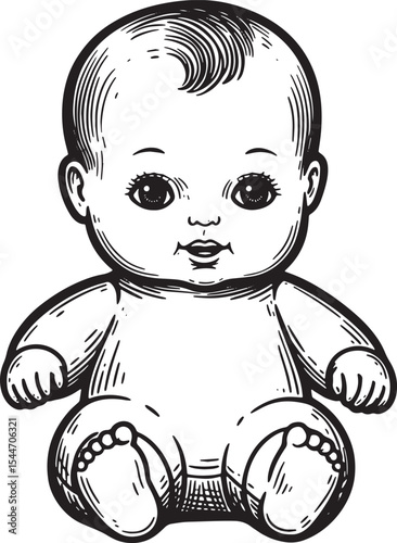Charming Hand-drawn Illustration of a Cute Baby in a Sitting Pos