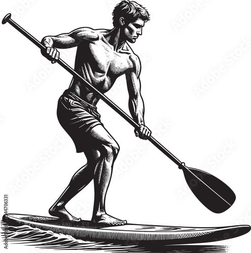 Monochrome Woodcut Illustration of Male Athlete Paddleboarding o