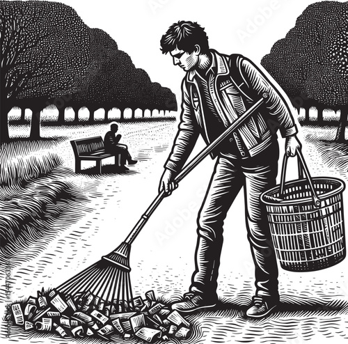 Focused park cleanup: volunteer gathering litter with tool in mo