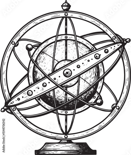 Detailed Illustration of an Armillary Sphere Against a White Bac