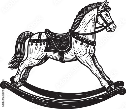 Detailed Illustration of a Classic Rocking Horse Toy in Black an