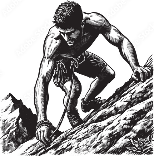 Dramatic woodcut illustration of a determined mountain climber s