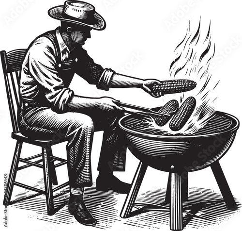 Rustic charm man grilling corn over charcoal barbecue in vintage