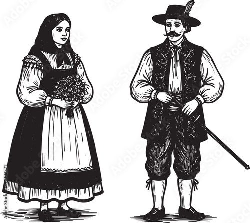 Illustration of a Couple in Traditional Folk Costumes from an Ea