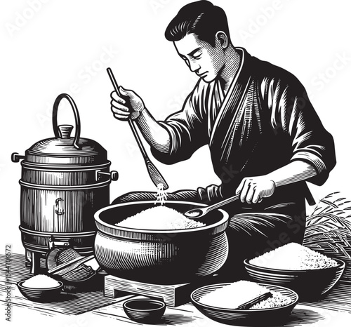 Monochrome illustration of a man preparing rice with traditional