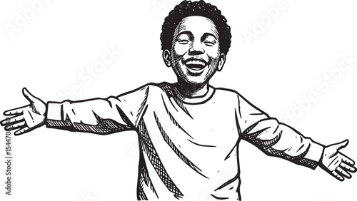 Smiling Black Boy with Open Arms in Black and White Illustration