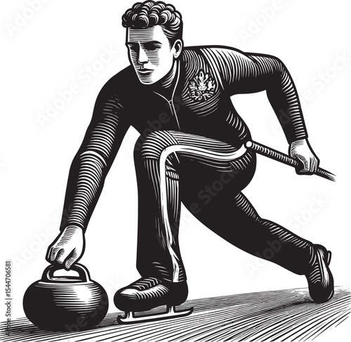 Monochrome drawing of determined curling athlete in dynamic thro