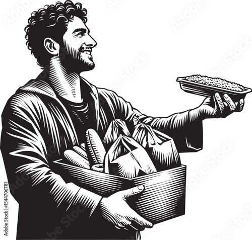 Caring man providing food supplies to those in need, vector styl