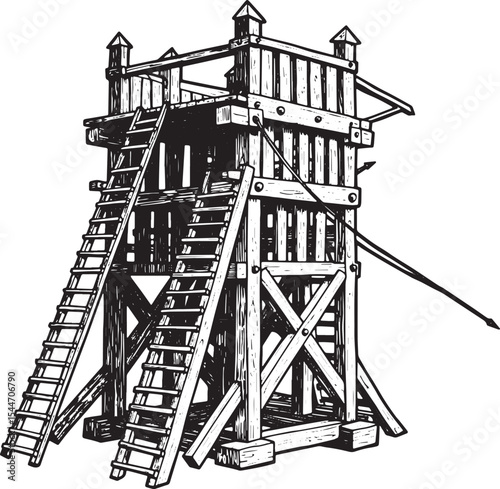 Detailed illustration of a medieval wooden watchtower with ladde