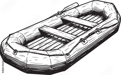 Detailed black and white illustration of an inflatable boat for