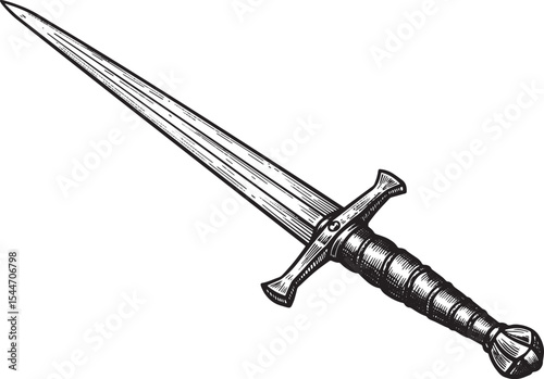 Detailed monochrome illustration of a vintage sword with a plain