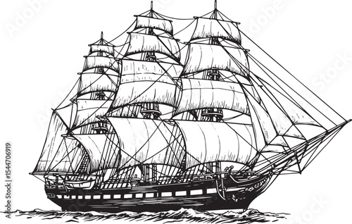 Detailed Black and White Illustration of a Classic Sailing Ship