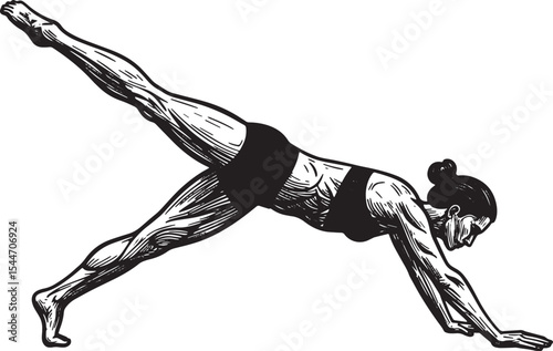 Artistic Line Drawing of a Woman Performing Yoga Exercise in Bla