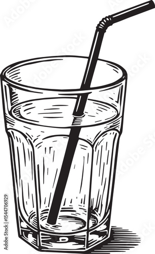 Black and white drawing of a glass of water with a straw isolate