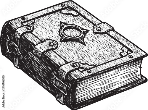 Detailed illustration of a vintage, antique wooden book with met