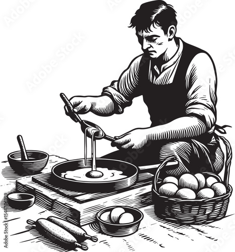 Monochrome Culinary Art: Man Preparing Omelets in a Vintage Wood