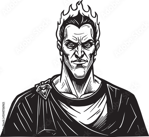 Grayscale illustration of a roman emperor, greek god, or histori