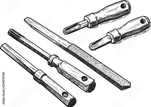 Hand-drawn Illustration of Various Screwdrivers and Files on a W
