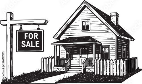 Black and white drawing of a house with a 'for sale' sign ready