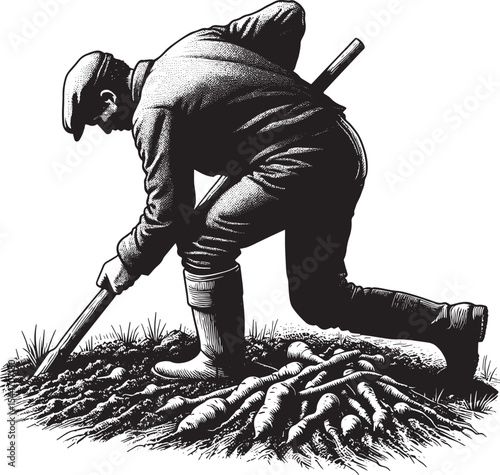 Vintage Style Illustration: A Rural Man Harvesting Root Vegetabl