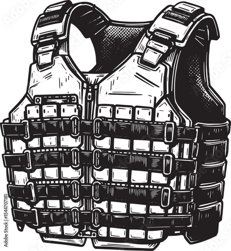 Detailed black and white illustration of a tactical vest isolate